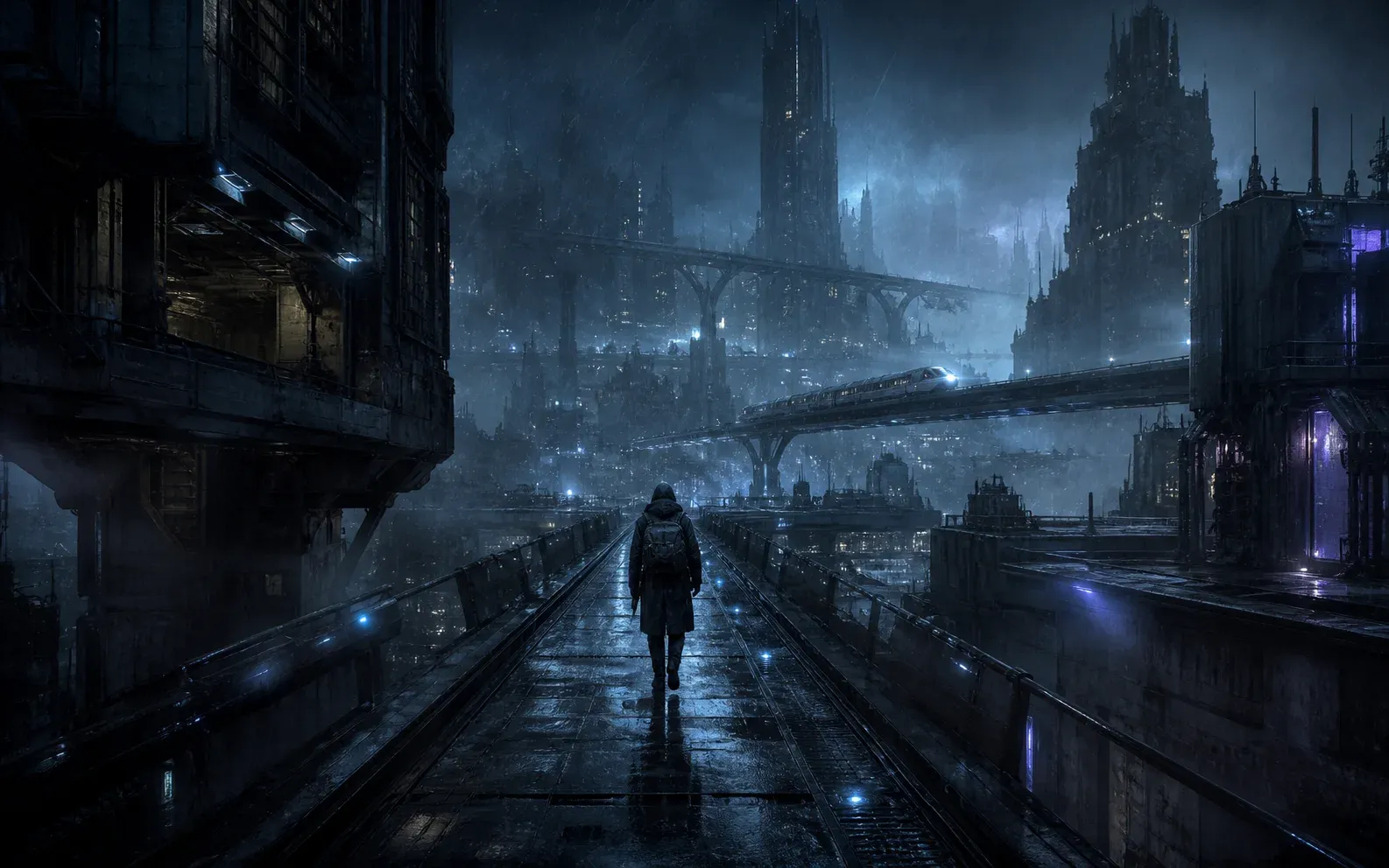 Rainy city artwork for Meridian Zero